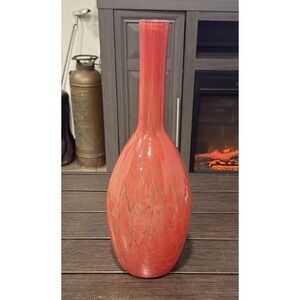 MCM Red Orange Art Glass Vase Hand Blown Crackle Pedestal